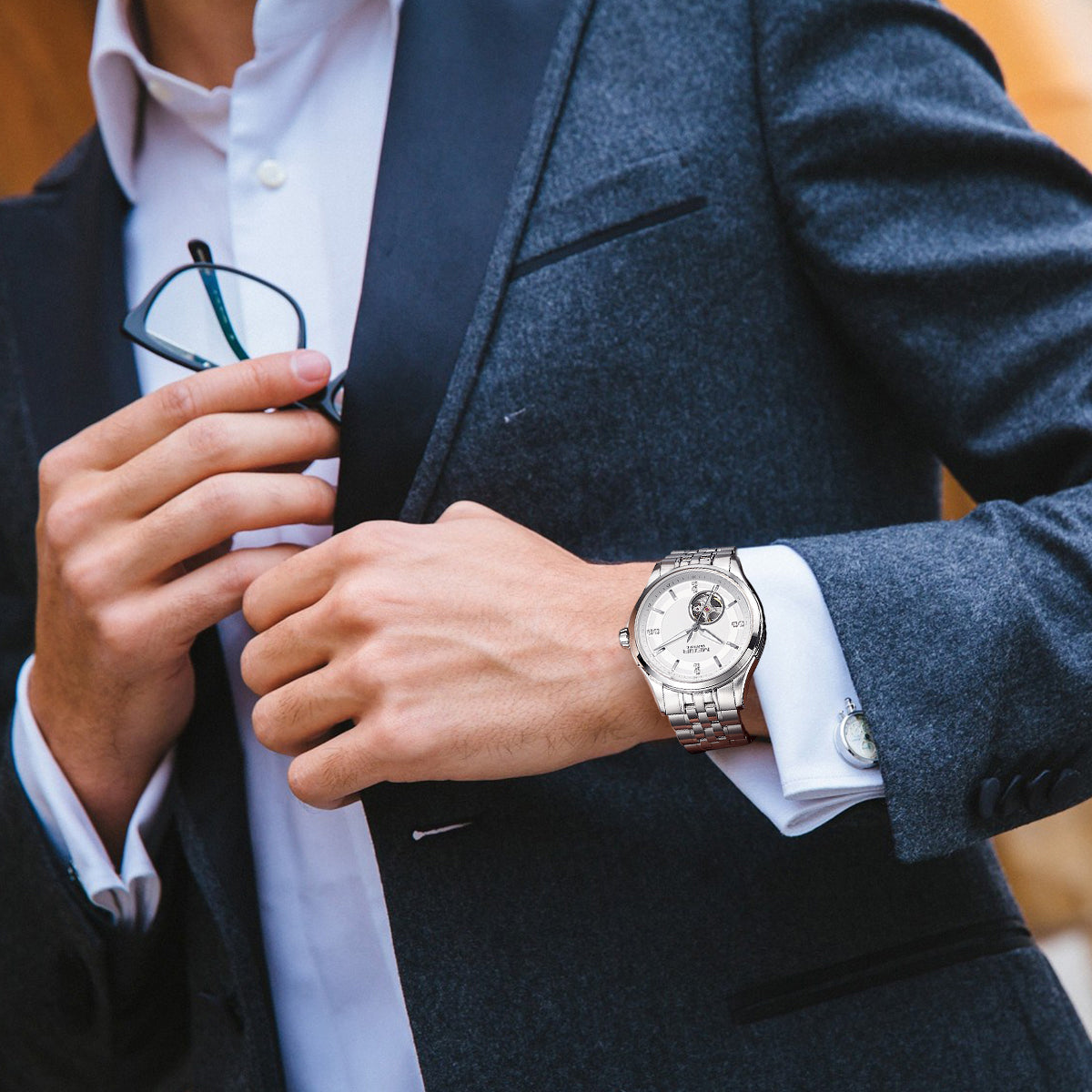 MEGIR Top Brand Luxury Business Watch Men Stainless Steel Waterproof Automatic Mechanical WristWatch Clock Big Dial Montre Homme-5