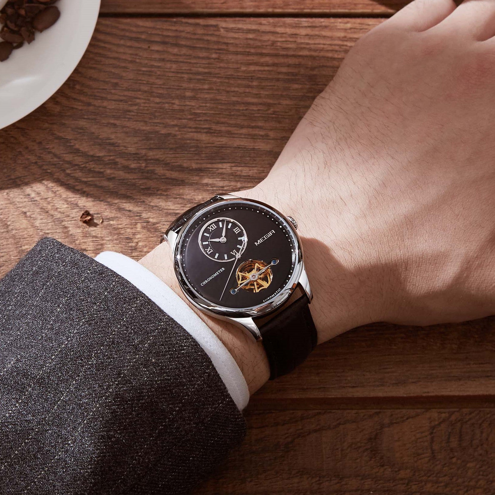 MEGIR Luxury Brand Men Mechanical Watches Multi-function Clock Wrist Watch Leather Automatic Movement Waterproof Wristwatch-1