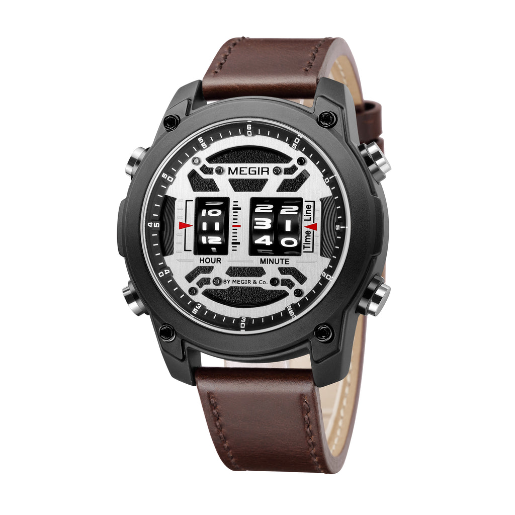 MEGIR Men's Watch Roller Business Casual Wristwatch Leather Fashion Sports Quartz Watch Chronograph Waterproof Male Clock 2142-7