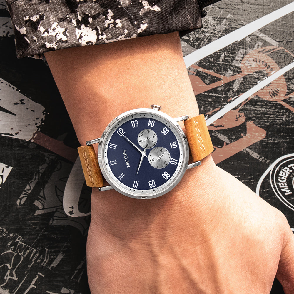 MEGIR Fashion Casual Men Watches Luxury Leather Quartz Sport Wristwatch Waterproof Luminous Clock Large Dial Relogio Masculino 1083-1