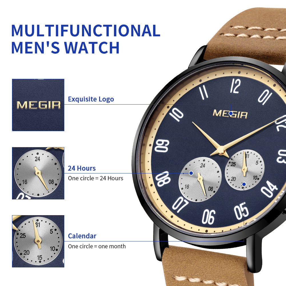 MEGIR Fashion Casual Men Watches Luxury Leather Quartz Sport Wristwatch Waterproof Luminous Clock Large Dial Relogio Masculino 1083-7