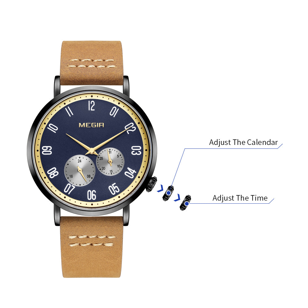 MEGIR Fashion Casual Men Watches Luxury Leather Quartz Sport Wristwatch Waterproof Luminous Clock Large Dial Relogio Masculino 1083-8