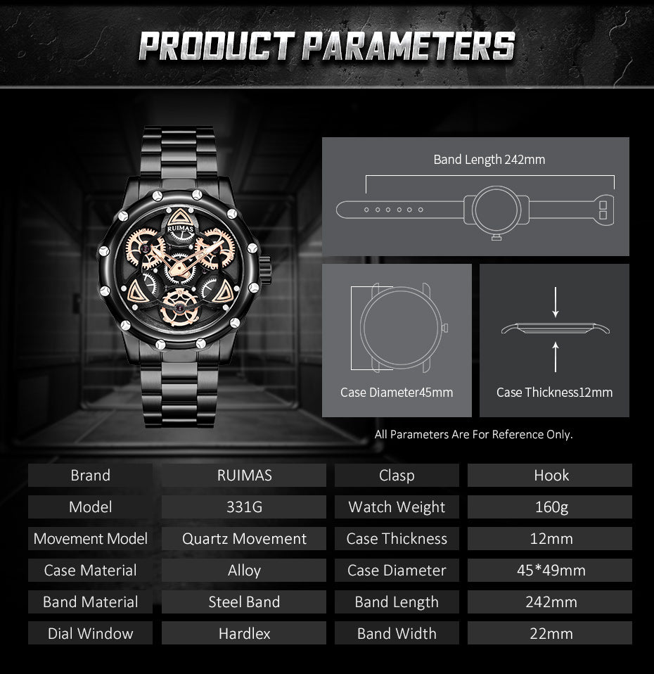 RUIMAS Quartz Watches Men's Business Wristwatch Waterproof Male Clock Chronograph Stainless Steel Casual Watch reloj hombre 331-4