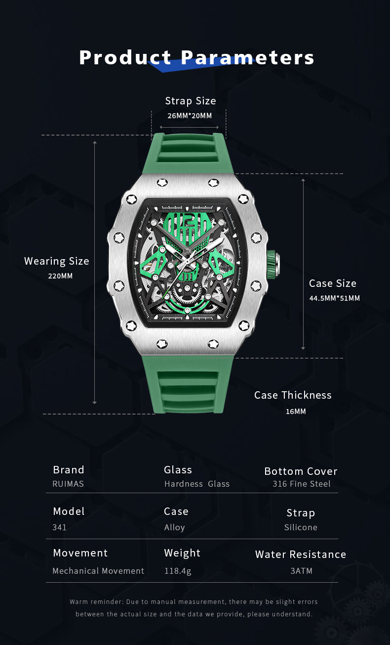 RUIMAS Luxury Watch Men Fashion Automatic Mechanical Watches Clock Silicone Strap Sport Casual Wristwatch Big Dial Reloj Hombre-5