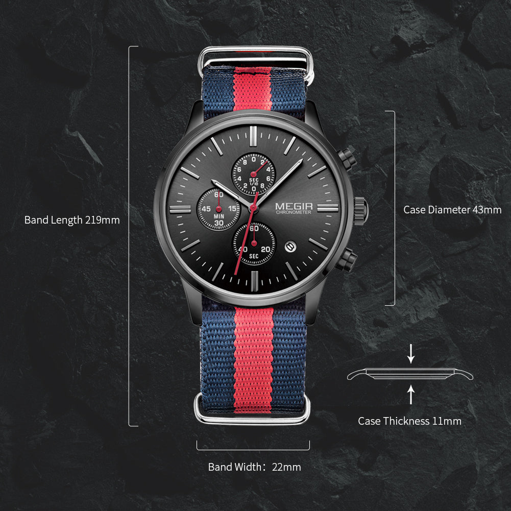 MEGIR Luxury Brand Sports Military Watches for Men Canvas Strap Fashion Men Chronograph Waterproof Luminous Quartz Wristwatch Clock 2011-6