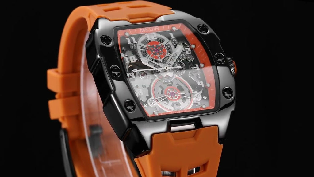 MEGIR New Men Watches Luxury Brand Automatic Mechanical Watch Skeleton Dial Silicone Strap Sports Casual Wristwatch Waterproof Clock Male Gift 8602-18
