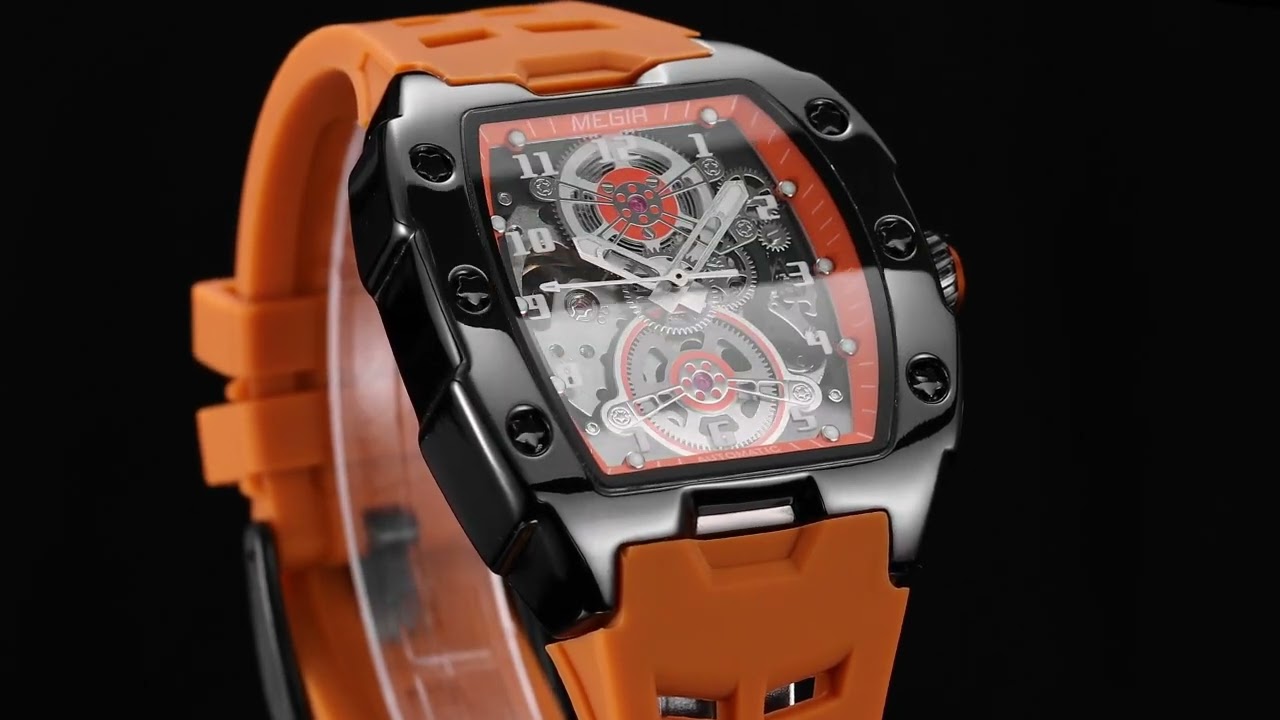 MEGIR New Men Watches Luxury Brand Automatic Mechanical Watch Skeleton Dial Silicone Strap Sports Casual Wristwatch Waterproof Clock Male Gift 8602-18