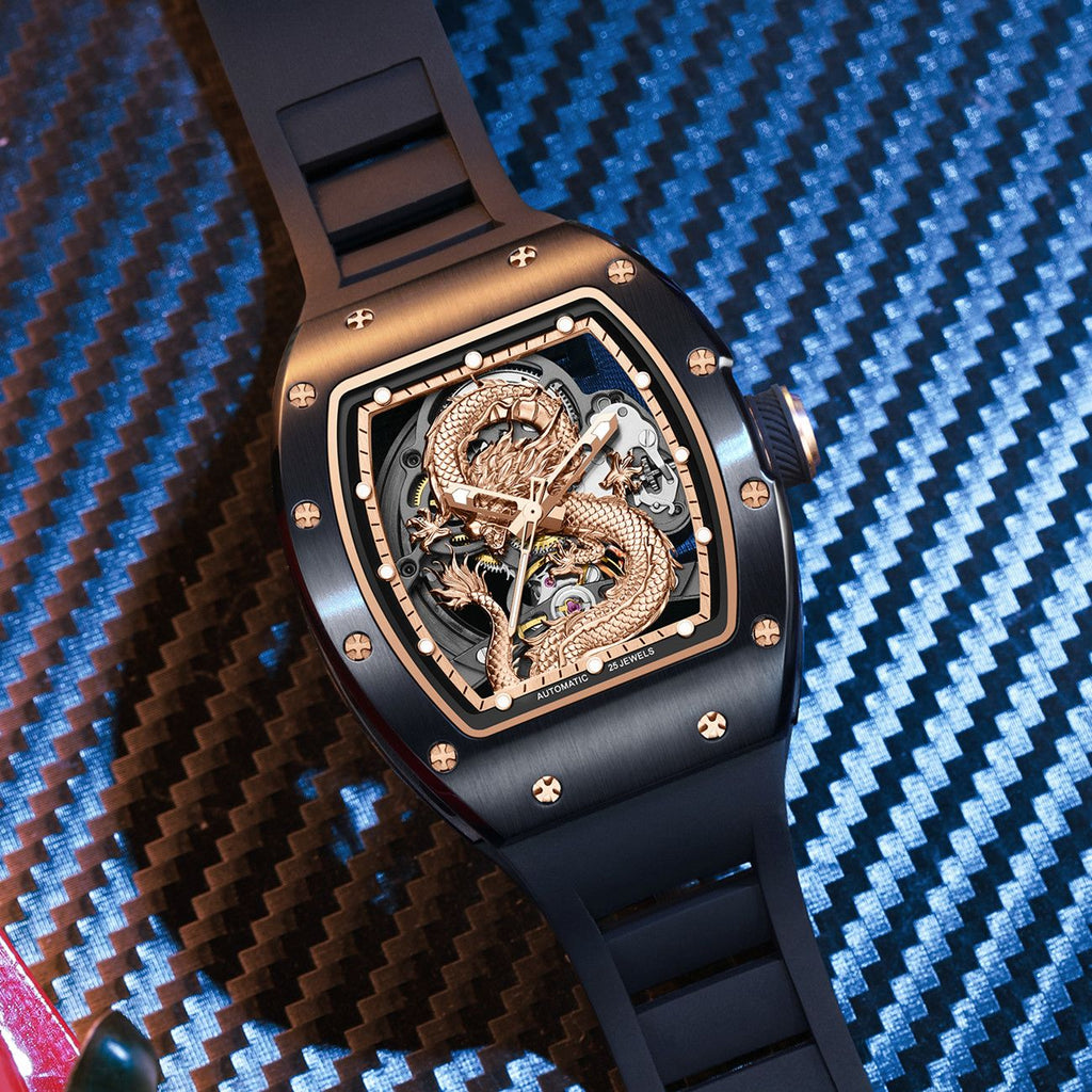 New Automatic Mechanical Skeleton Men Watch Luxury Stainless Steel Case Tonneau Dial Wristwatch Waterproof Sport Watches 9190-15-5