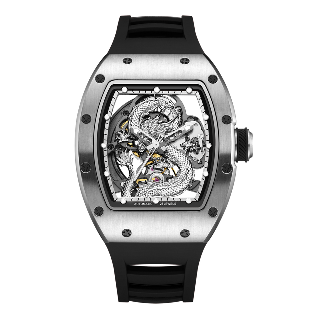 New Automatic Mechanical Skeleton Men Watch Luxury Stainless Steel Case Tonneau Dial Wristwatch Waterproof Sport Watches 9190-15-10