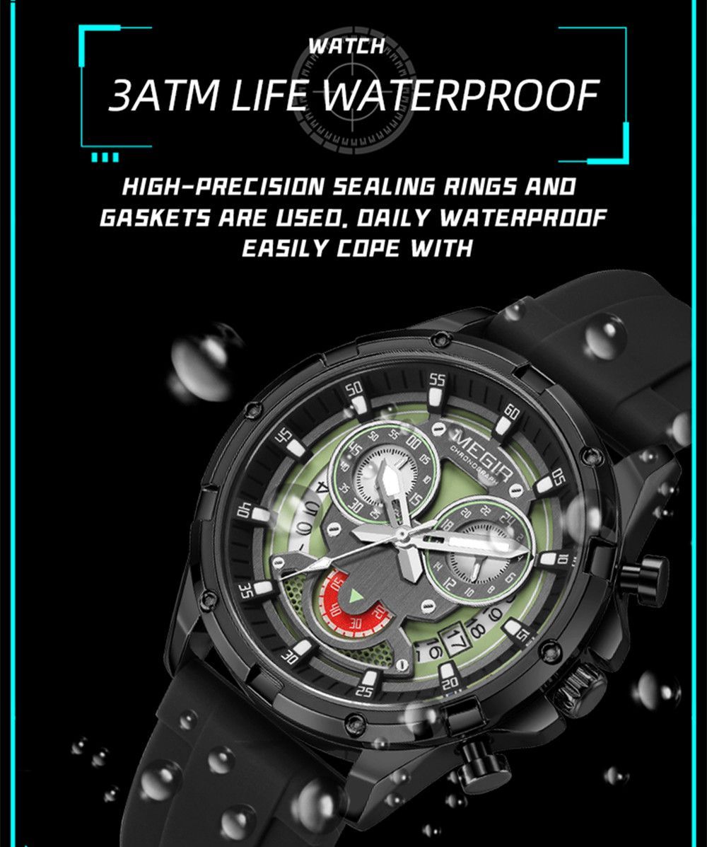 MEGIR Men's Sport Watches Silicone Strap Military Quartz Chronograph Waterproof Luminous Wristwatch 24-hour Auto Date Reloj Hombre 2248