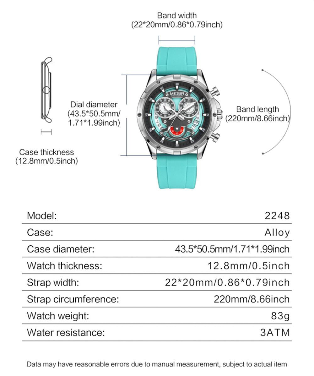 MEGIR Men's Sport Watches Silicone Strap Military Quartz Chronograph Waterproof Luminous Wristwatch 24-hour Auto Date Reloj Hombre 2248