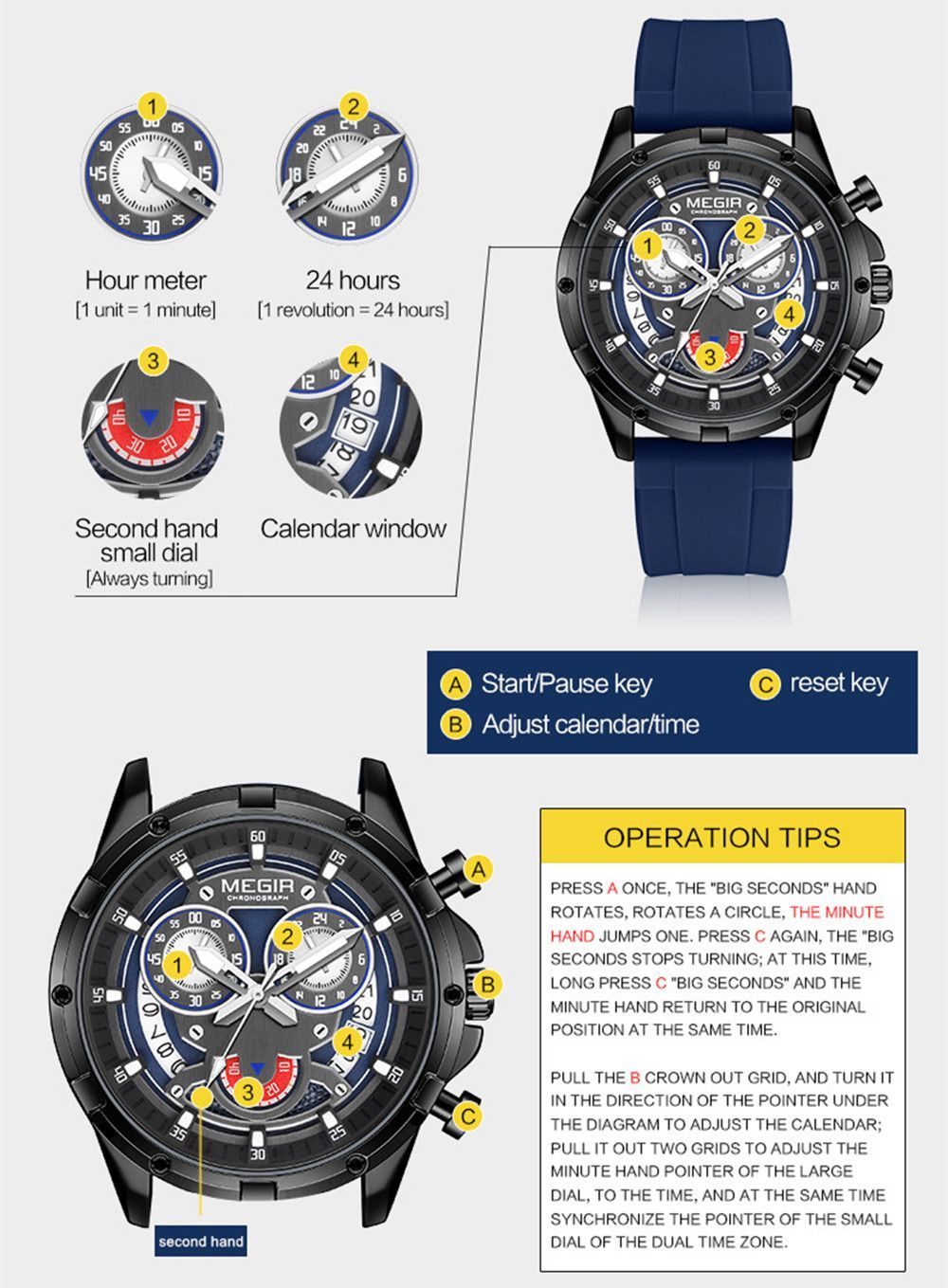 MEGIR Men's Sport Watches Silicone Strap Military Quartz Chronograph Waterproof Luminous Wristwatch 24-hour Auto Date Reloj Hombre 2248
