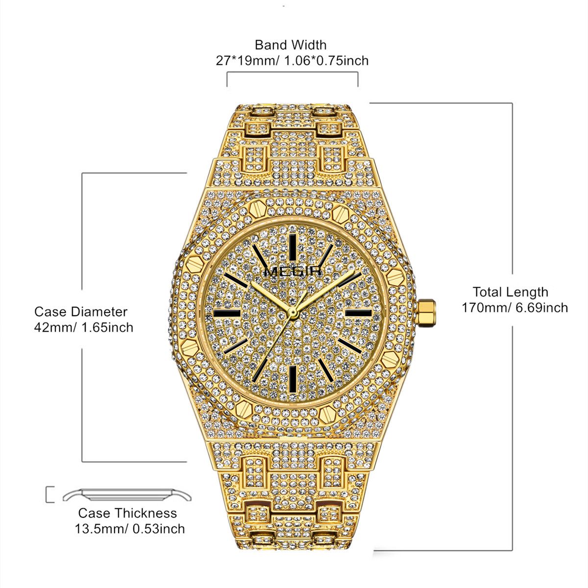 MEGIR Luxury Diamond Men Watches Stainless Steel Band Quartz Wristwatches Waterproof Male Clock Business Watch Reloj Hombre 1091-6