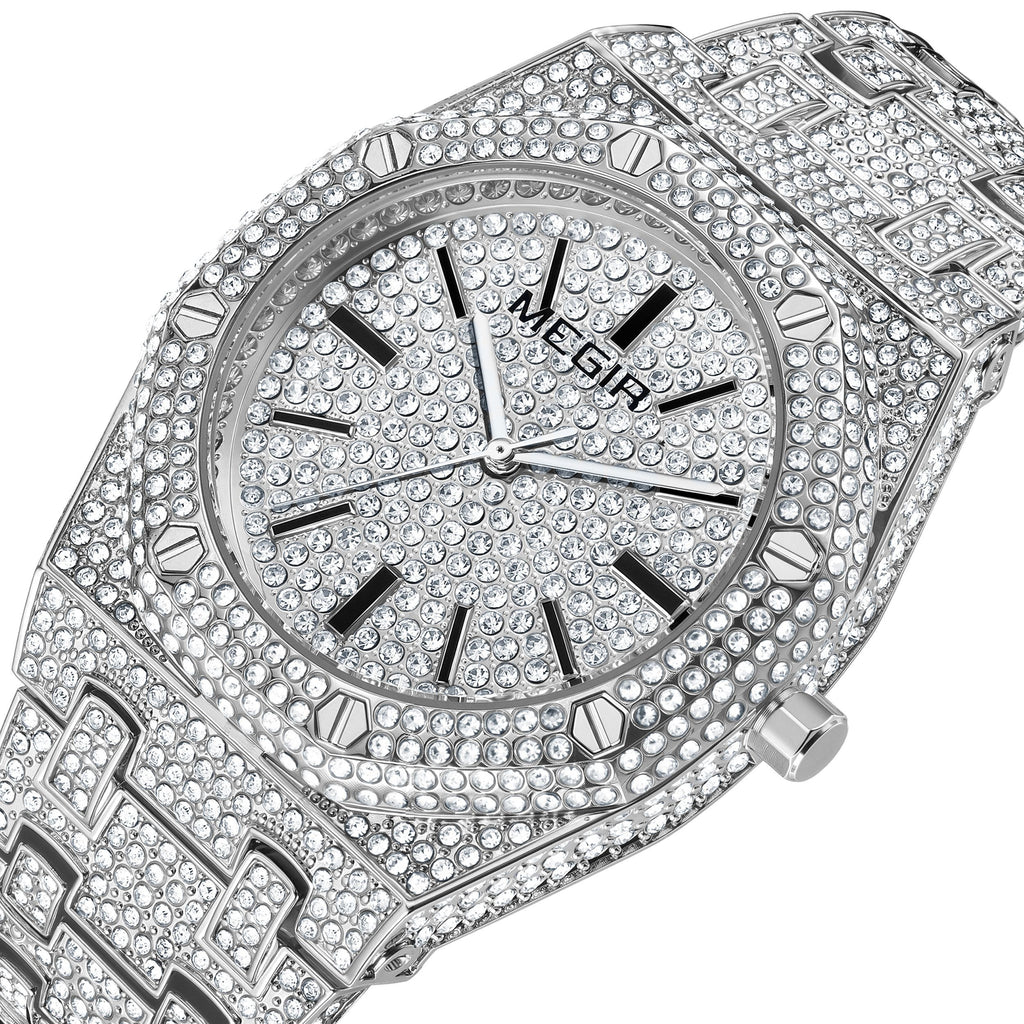 MEGIR Luxury Diamond Men Watches Stainless Steel Band Quartz Wristwatches Waterproof Male Clock Business Watch Reloj Hombre 1091-3