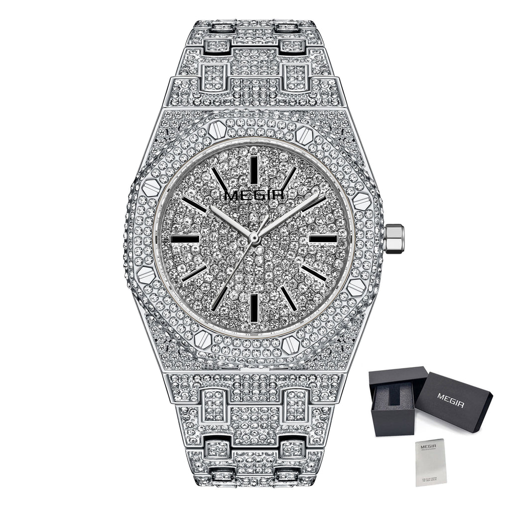 MEGIR Luxury Diamond Men Watches Stainless Steel Band Quartz Wristwatches Waterproof Male Clock Business Watch Reloj Hombre 1091-11