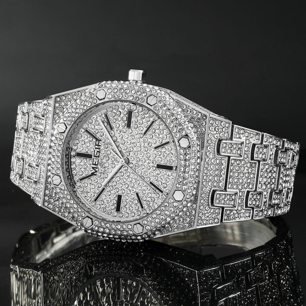 MEGIR Luxury Diamond Men Watches Stainless Steel Band Quartz Wristwatches Waterproof Male Clock Business Watch Reloj Hombre 1091-2