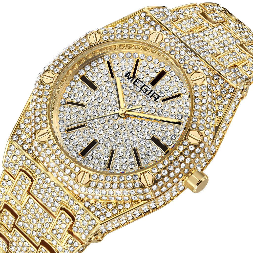 MEGIR Luxury Diamond Men Watches Stainless Steel Band Quartz Wristwatches Waterproof Male Clock Business Watch Reloj Hombre 1091-4