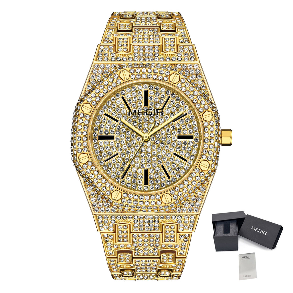 MEGIR Luxury Diamond Men Watches Stainless Steel Band Quartz Wristwatches Waterproof Male Clock Business Watch Reloj Hombre 1091-10