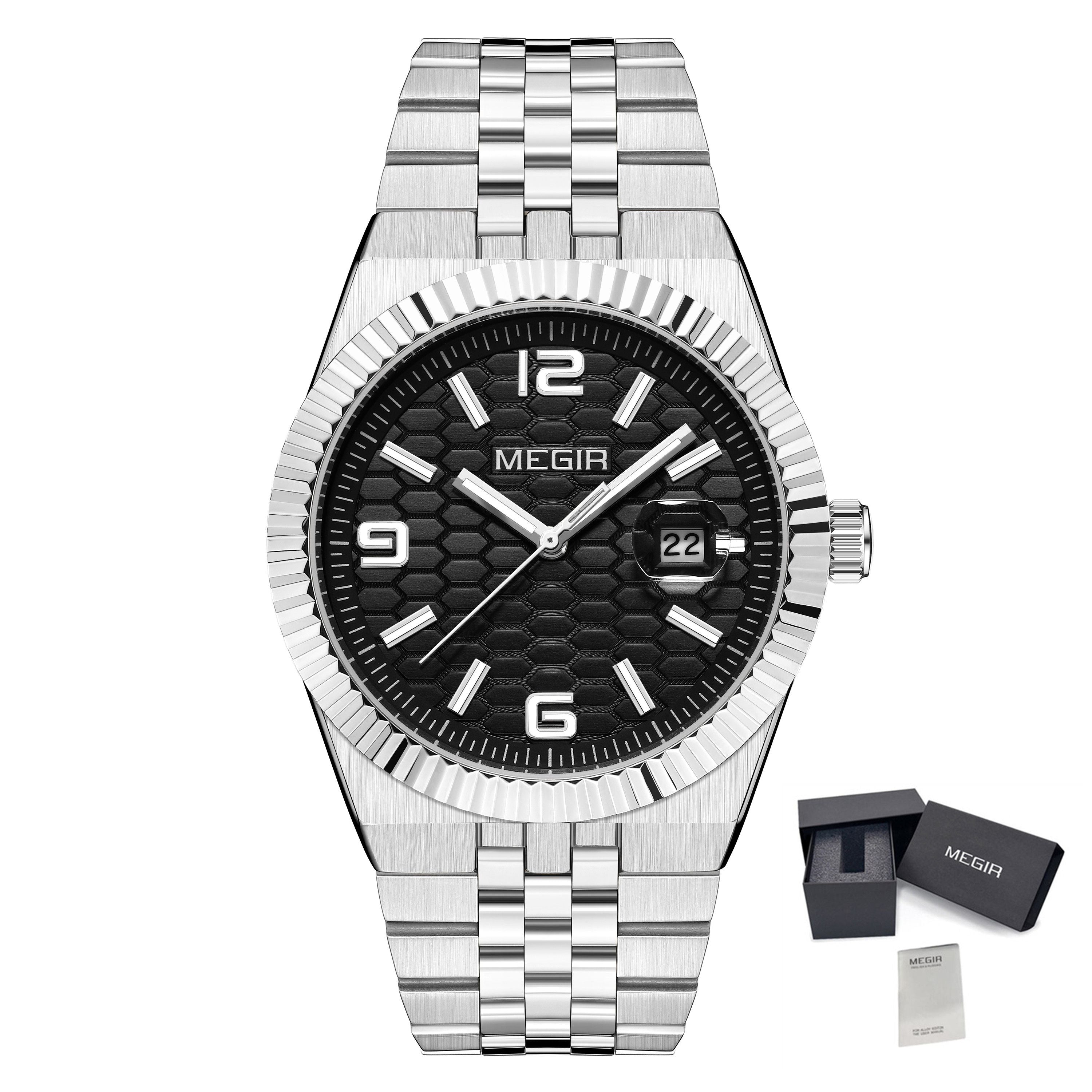 MEGIR Original Men Business Leisure Watches Stainless Steel Bracelet Quartz Wristwatch Waterproof Luminous Date Clock Reloj Hombre 1101-20