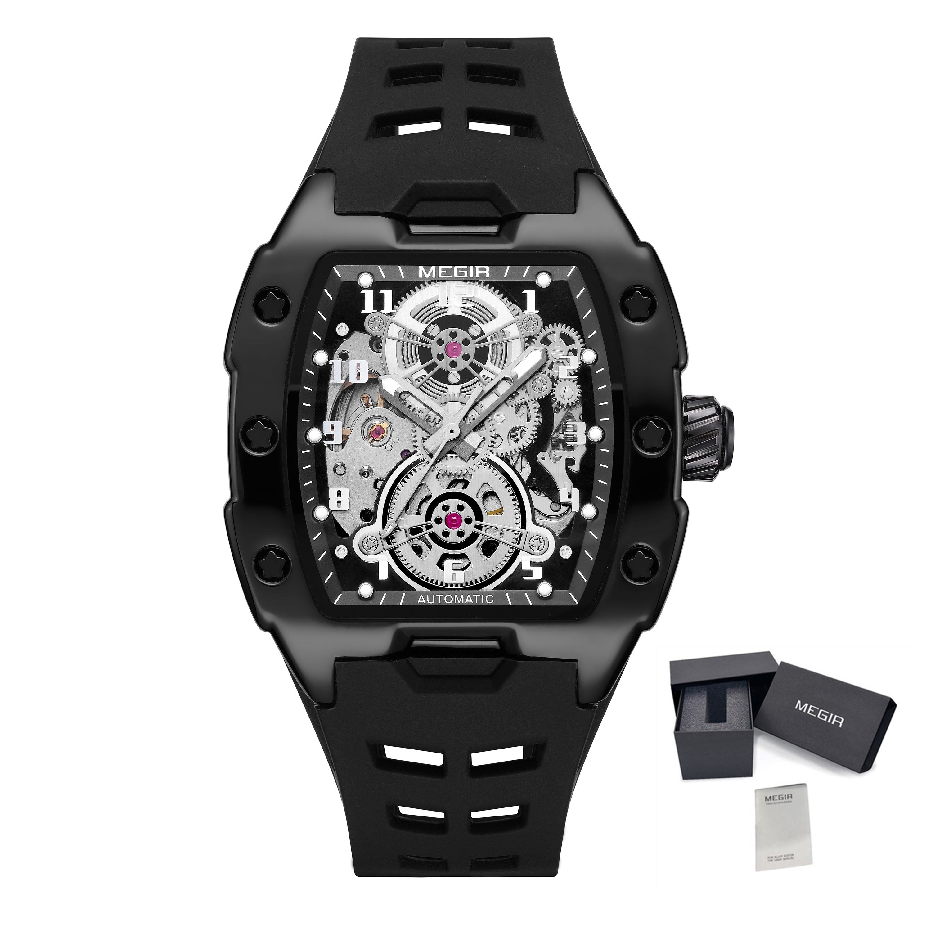 MEGIR New Men Watches Luxury Brand Automatic Mechanical Watch Skeleton Dial Silicone Strap Sports Casual Wristwatch Waterproof Clock Male Gift 8602-19