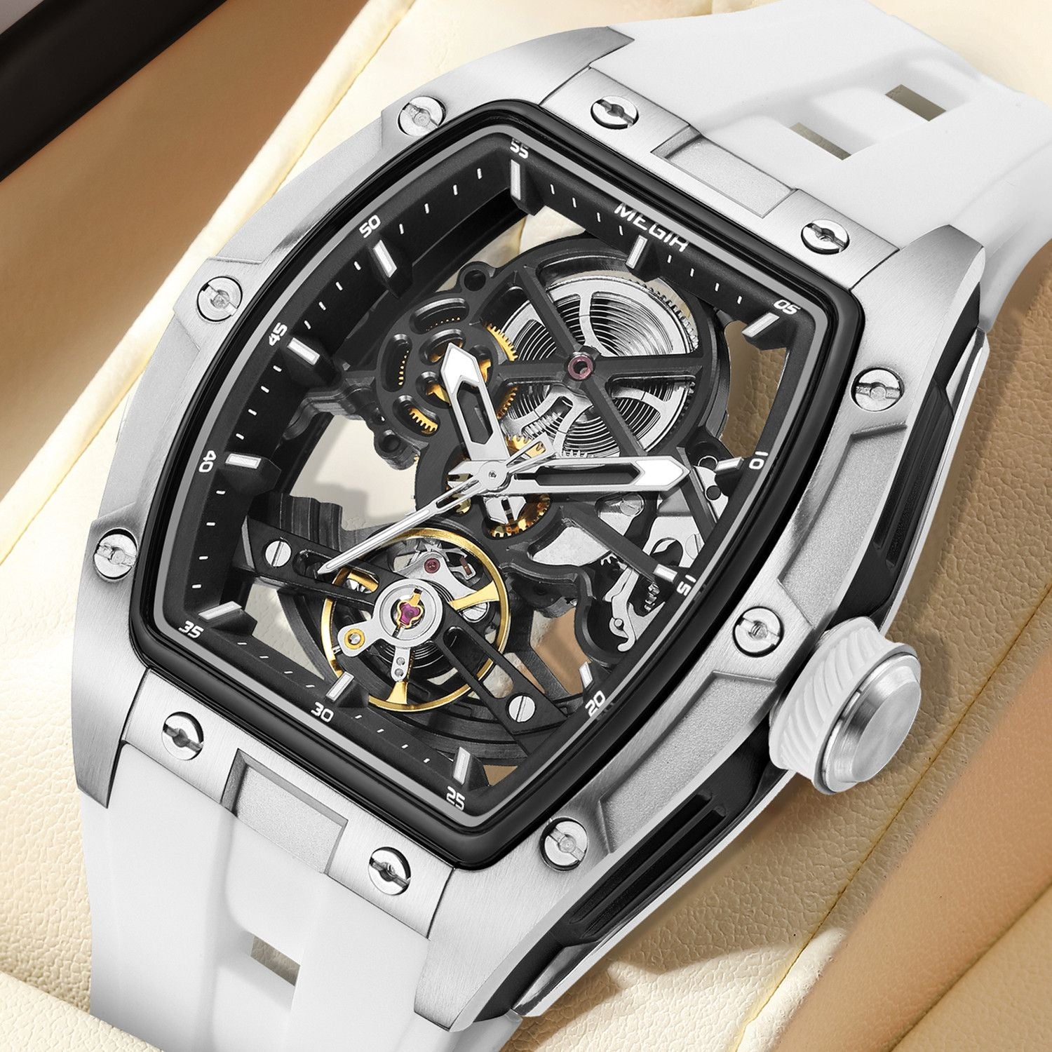 MEGIR Original Fashion Men Watches Automatic Mechanical Watch Steel Case Sport Skeleton Dial Wristwatch Waterproof Clock Reloj Hombre 2242-3
