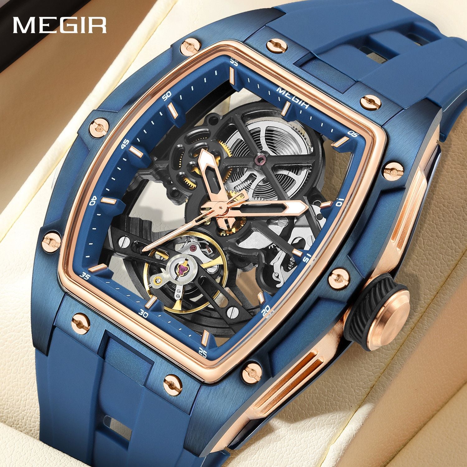 MEGIR Original Fashion Men Watches Automatic Mechanical Watch Steel Case Sport Skeleton Dial Wristwatch Waterproof Clock Reloj Hombre 2242-0