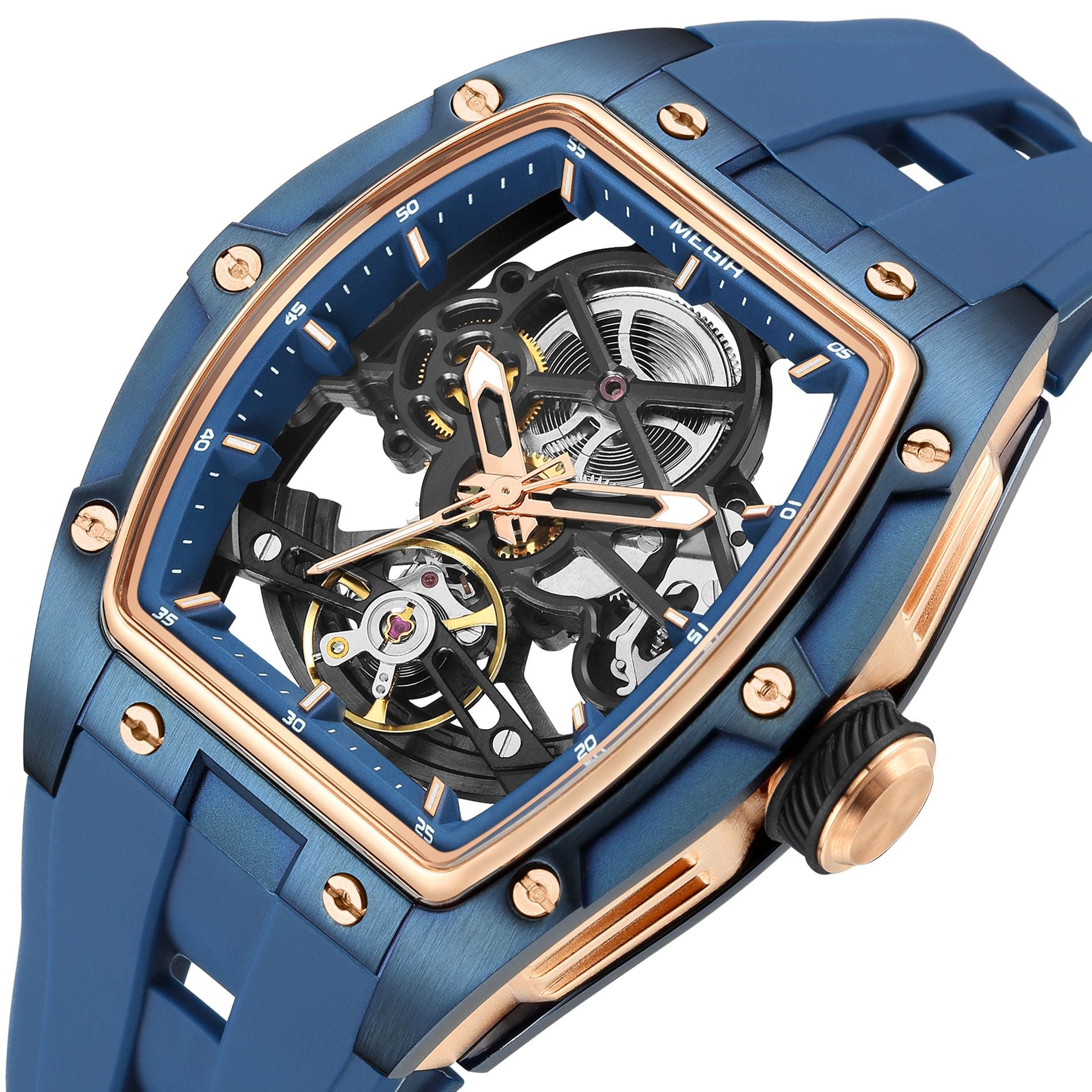 MEGIR Original Fashion Men Watches Automatic Mechanical Watch Steel Case Sport Skeleton Dial Wristwatch Waterproof Clock Reloj Hombre 2242-12