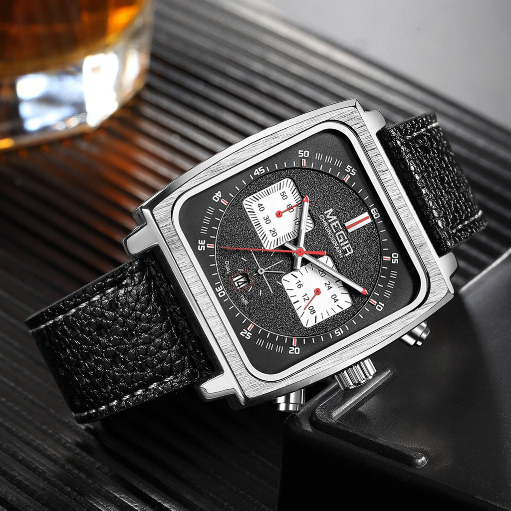 MEGIR Watches for Men Luxury Black Sports Casual Chronograph Waterproof Calendar Square Dial Wristwatches with Date Clock 2182-5
