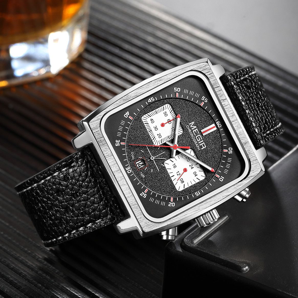MEGIR Watches for Men Luxury Black Sports Casual Chronograph Waterproof Calendar Square Dial Wristwatches with Date Clock 2182-5