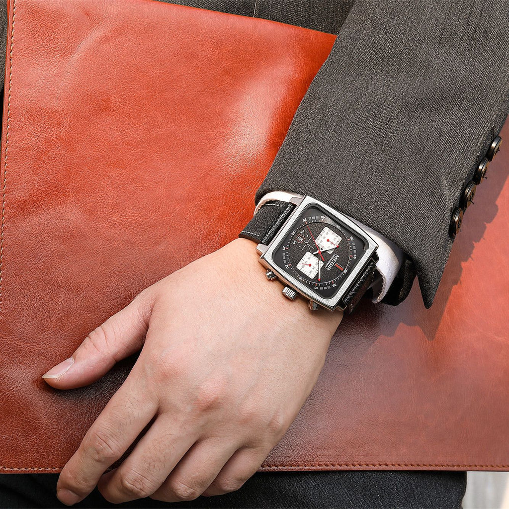 MEGIR Watches for Men Luxury Black Sports Casual Chronograph Waterproof Calendar Square Dial Wristwatches with Date Clock 2182-3