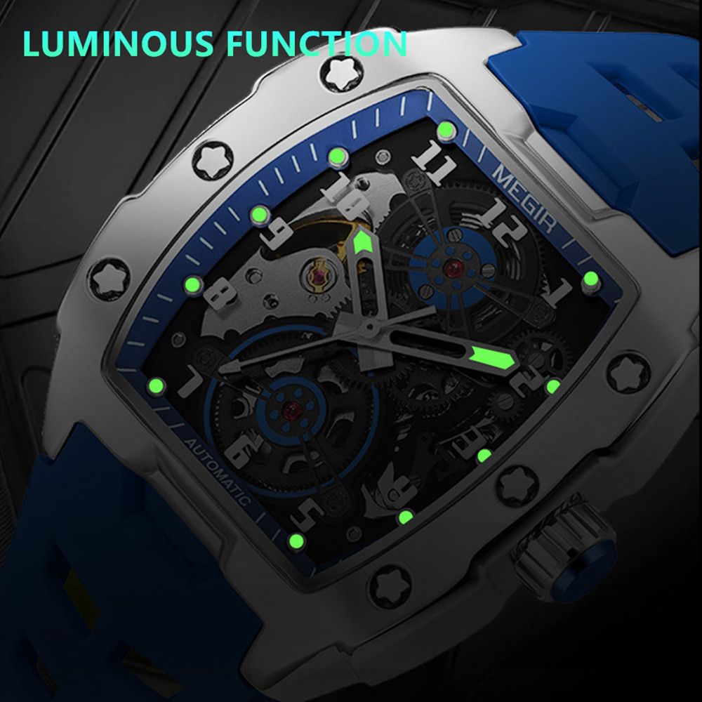 MEGIR New Men Watches Luxury Brand Automatic Mechanical Watch Skeleton Dial Silicone Strap Sports Casual Wristwatch Waterproof Clock Male Gift 8602-11