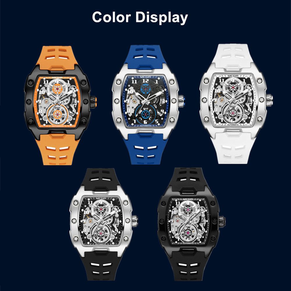 MEGIR New Men Watches Luxury Brand Automatic Mechanical Watch Skeleton Dial Silicone Strap Sports Casual Wristwatch Waterproof Clock Male Gift 8602-9