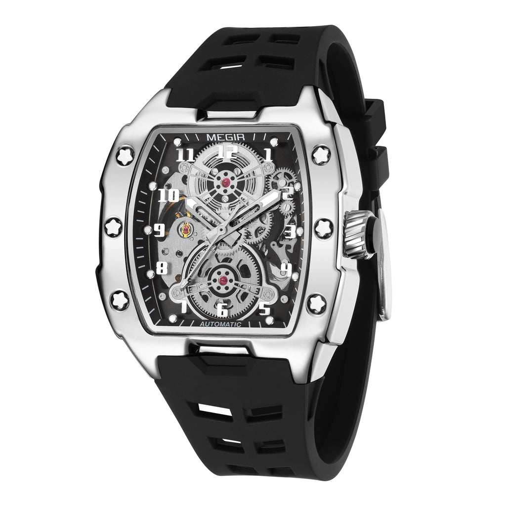 MEGIR New Men Watches Luxury Brand Automatic Mechanical Watch Skeleton Dial Silicone Strap Sports Casual Wristwatch Waterproof Clock Male Gift 8602-12
