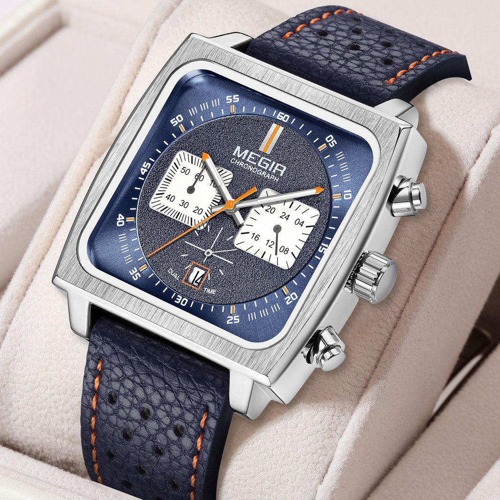 MEGIR Watches for Men Luxury Black Sports Casual Chronograph Waterproof Calendar Square Dial Wristwatches with Date Clock 2182-1
