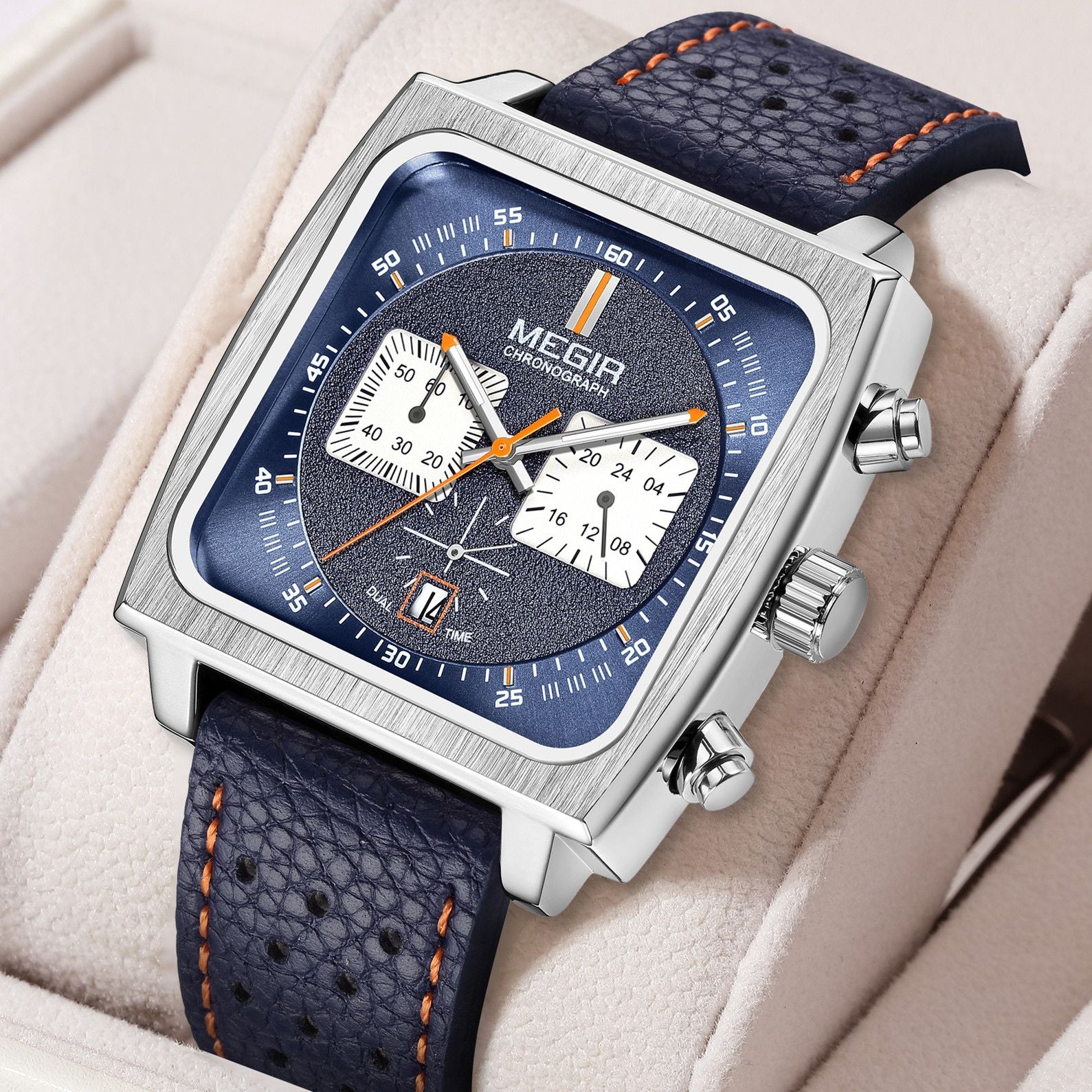 MEGIR Watches for Men Luxury Black Sports Casual Chronograph Waterproof Calendar Square Dial Wristwatches with Date Clock 2182-1