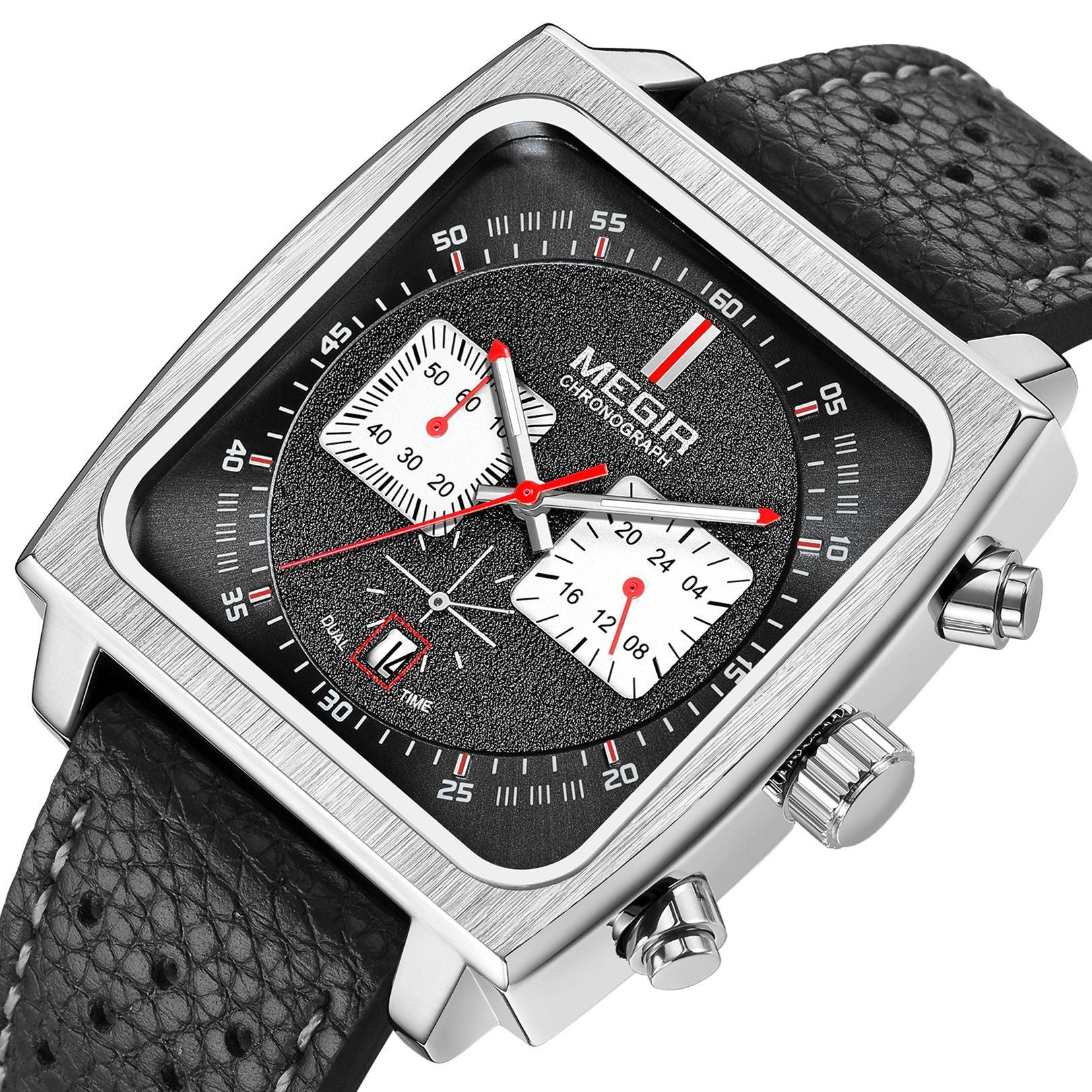 MEGIR Watches for Men Luxury Black Sports Casual Chronograph Waterproof Calendar Square Dial Wristwatches with Date Clock 2182-8