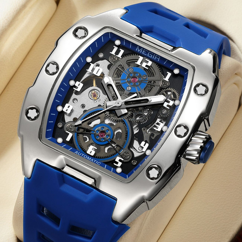 MEGIR New Men Watches Luxury Brand Automatic Mechanical Watch Skeleton Dial Silicone Strap Sports Casual Wristwatch Waterproof Clock Male Gift 8602-1