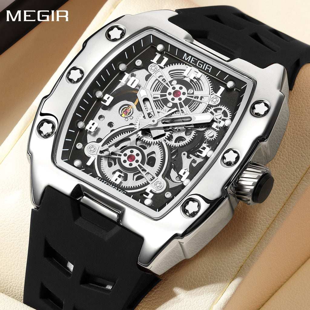 MEGIR New Men Watches Luxury Brand Automatic Mechanical Watch Skeleton Dial Silicone Strap Sports Casual Wristwatch Waterproof Clock Male Gift 8602-0