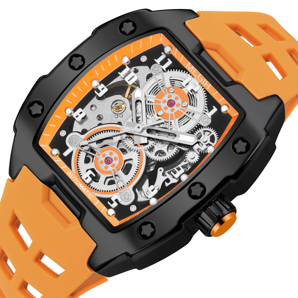 MEGIR New Men Watches Luxury Brand Automatic Mechanical Watch Skeleton Dial Silicone Strap Sports Casual Wristwatch Waterproof Clock Male Gift 8602-16
