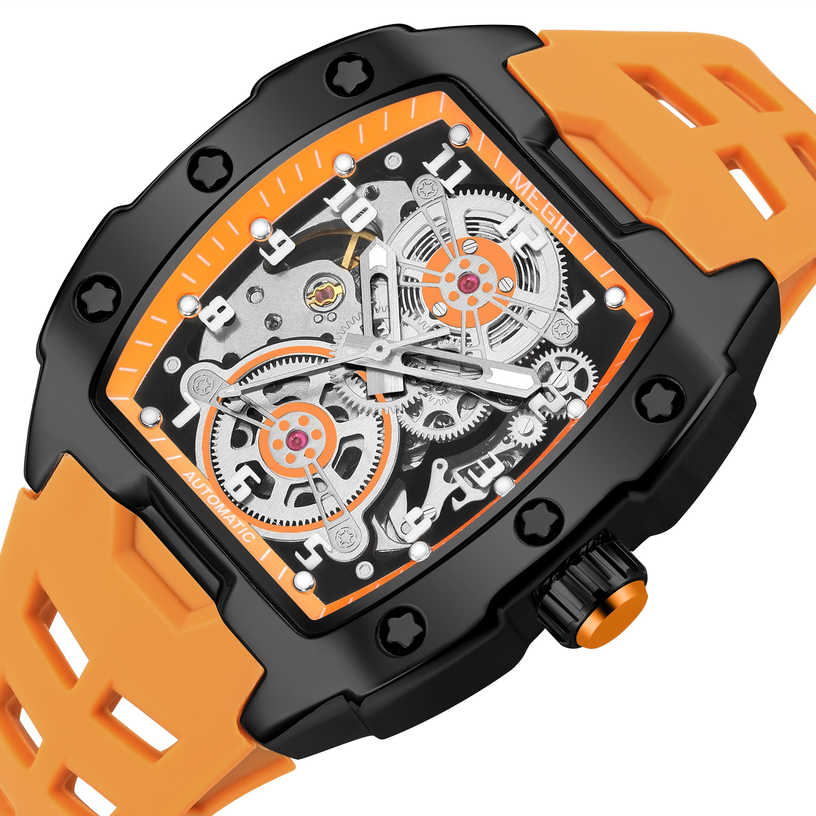 MEGIR New Men Watches Luxury Brand Automatic Mechanical Watch Skeleton Dial Silicone Strap Sports Casual Wristwatch Waterproof Clock Male Gift 8602-16