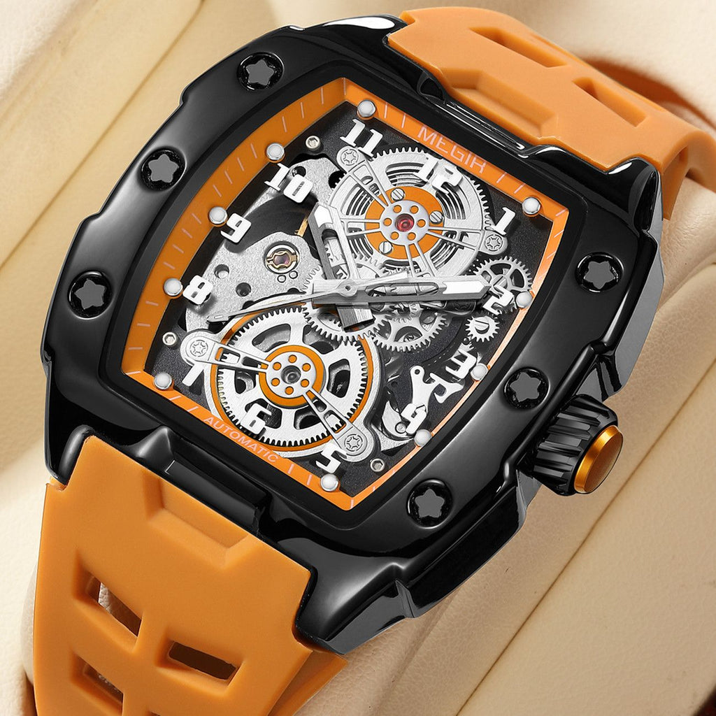 MEGIR New Men Watches Luxury Brand Automatic Mechanical Watch Skeleton Dial Silicone Strap Sports Casual Wristwatch Waterproof Clock Male Gift 8602-2