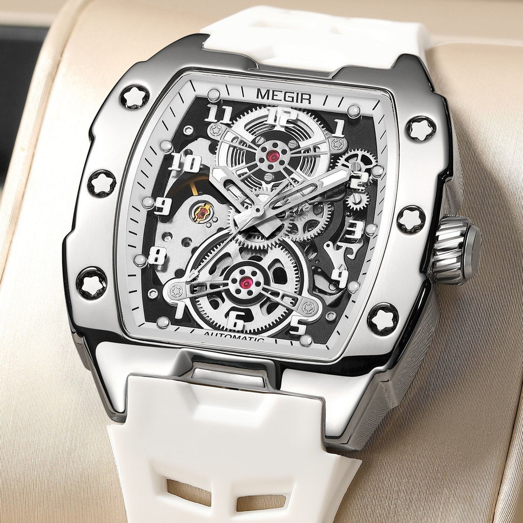 MEGIR New Men Watches Luxury Brand Automatic Mechanical Watch Skeleton Dial Silicone Strap Sports Casual Wristwatch Waterproof Clock Male Gift 8602-3