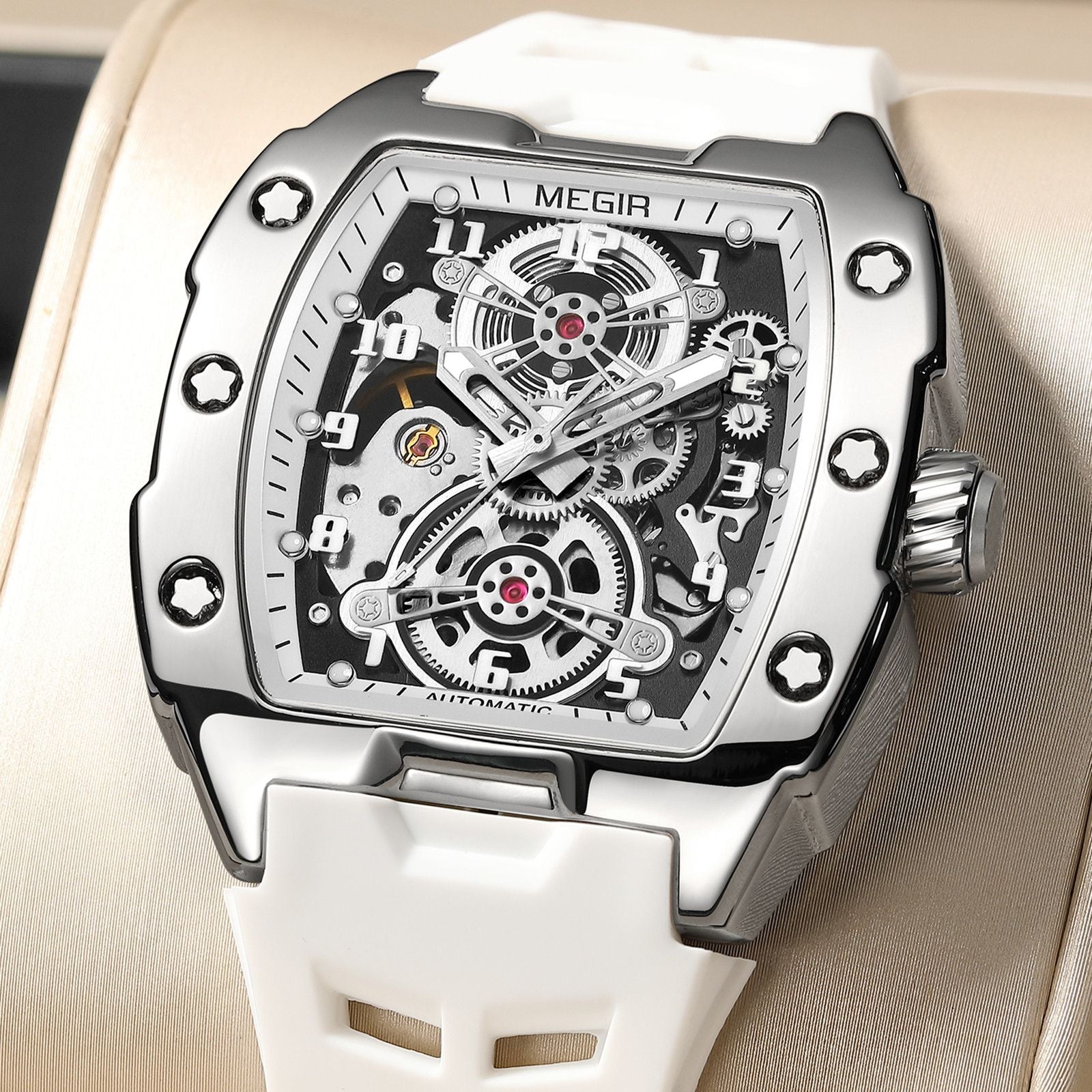 MEGIR New Men Watches Luxury Brand Automatic Mechanical Watch Skeleton Dial Silicone Strap Sports Casual Wristwatch Waterproof Clock Male Gift 8602-3