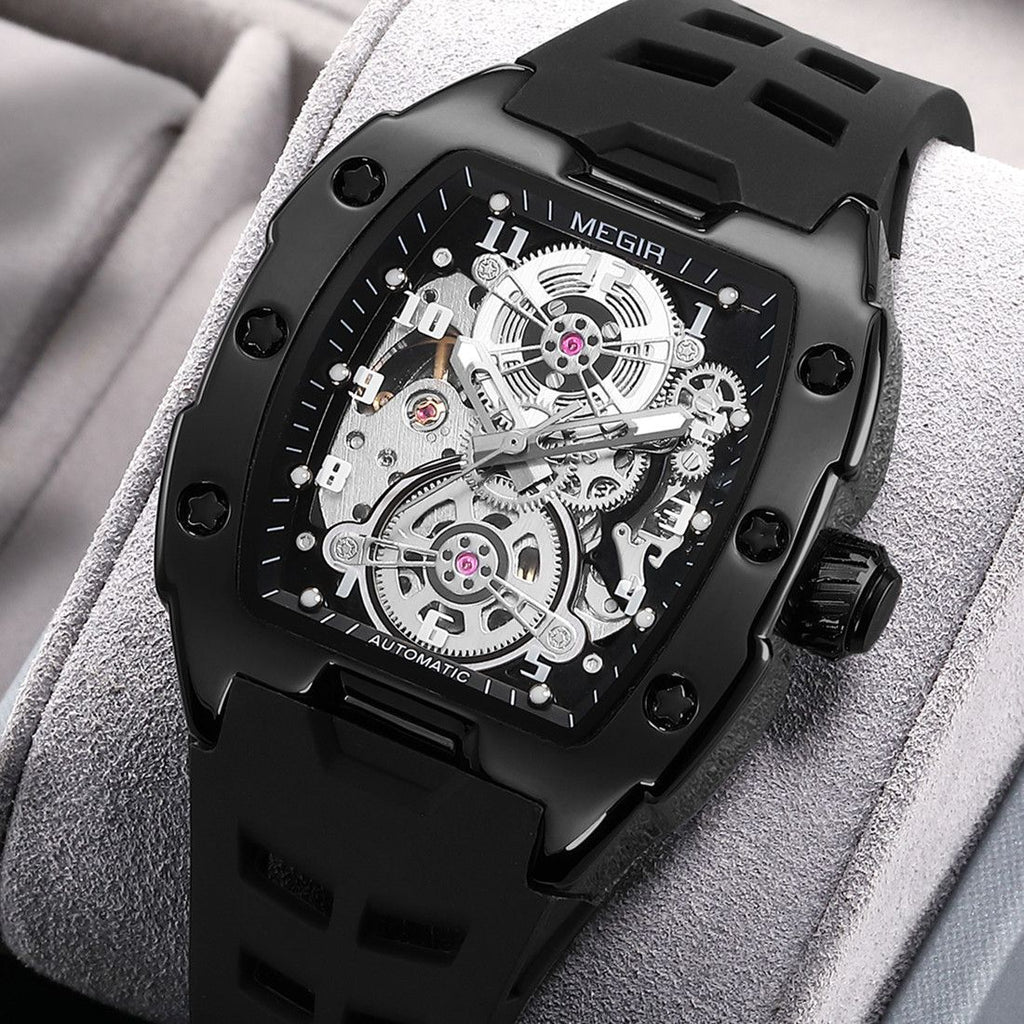 MEGIR New Men Watches Luxury Brand Automatic Mechanical Watch Skeleton Dial Silicone Strap Sports Casual Wristwatch Waterproof Clock Male Gift 8602-4